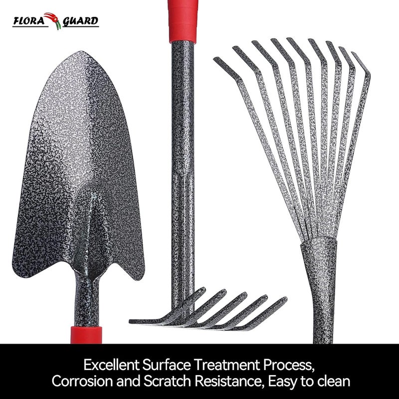FLORA GUARD Garden Tools Set, 6-Piece Heavy Duty Gardening Hand Tools with Soft Rubber Handle, Includes Trowel, Rake, 2-in-1 Hoe & Crack Weeder, Durable Yard Tools, Essentials Garden Gift Men Women - Image 4